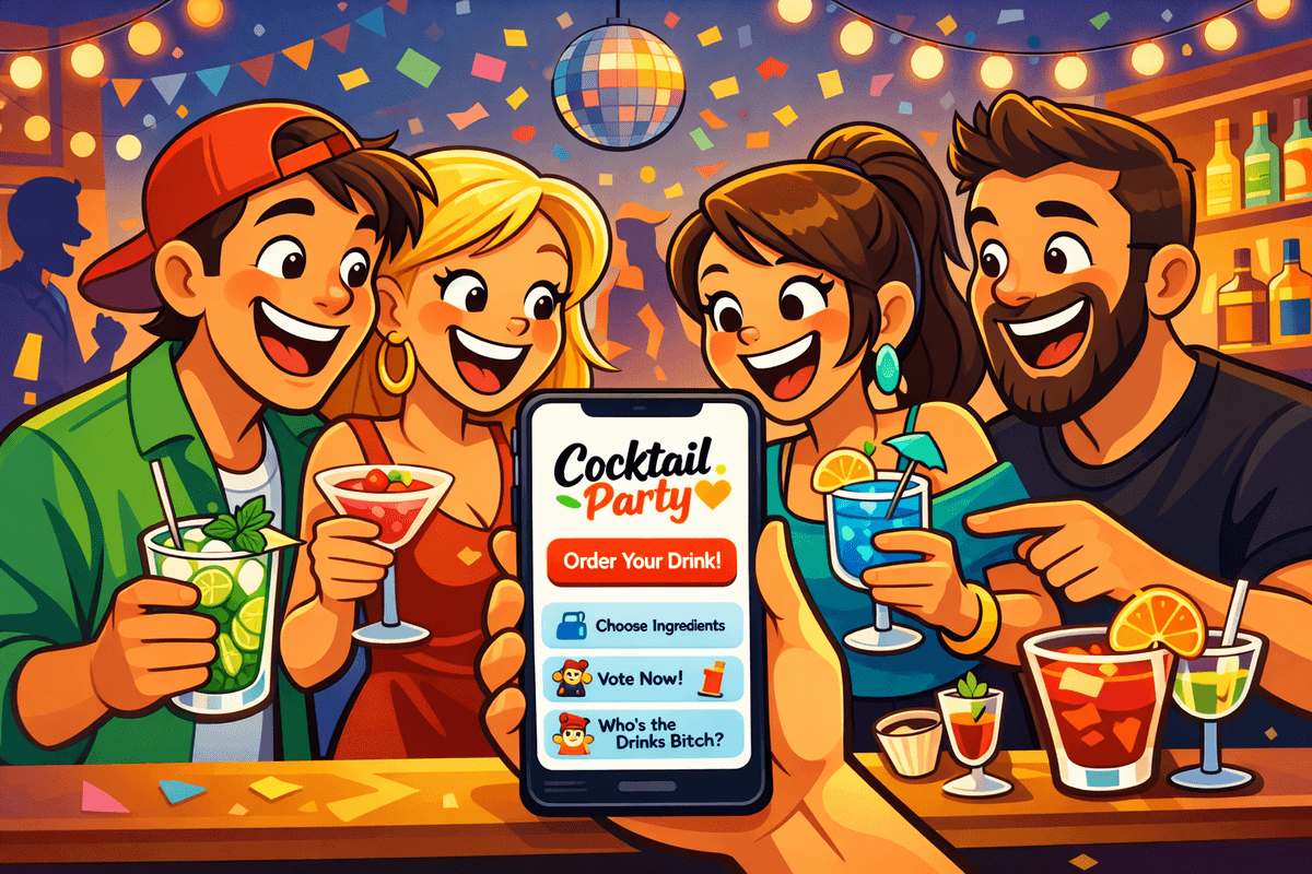 A Cocktail Party Scene with people enjoying cocktails and socializing, showcasing the fun and interactive nature of the app